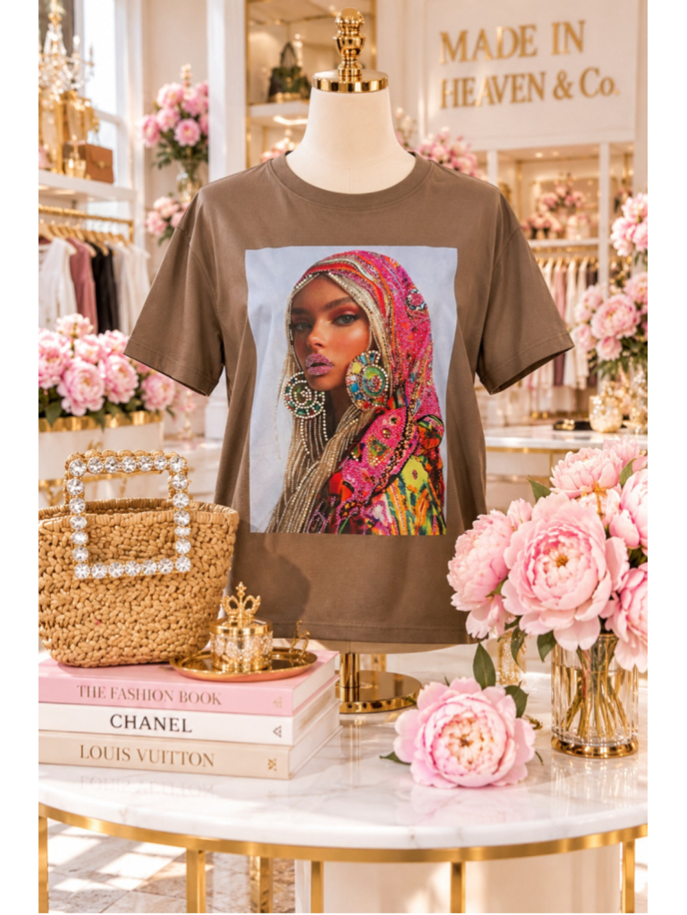 Women's Brown Graphic Print Tee, full of beautiful rhinestones ONE SIize
